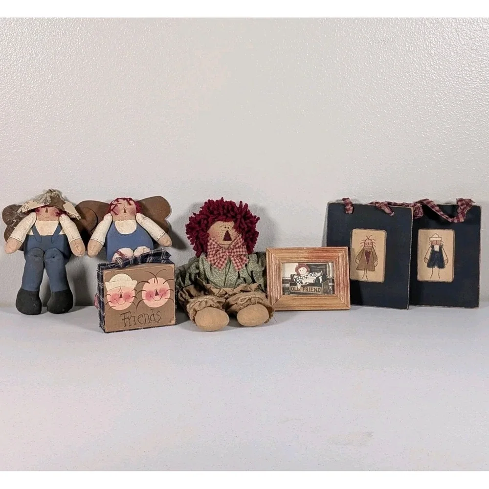 Primitive Raggedy Ann Rag Doll Ornament Lot Handmade Country Farmhouse Decor